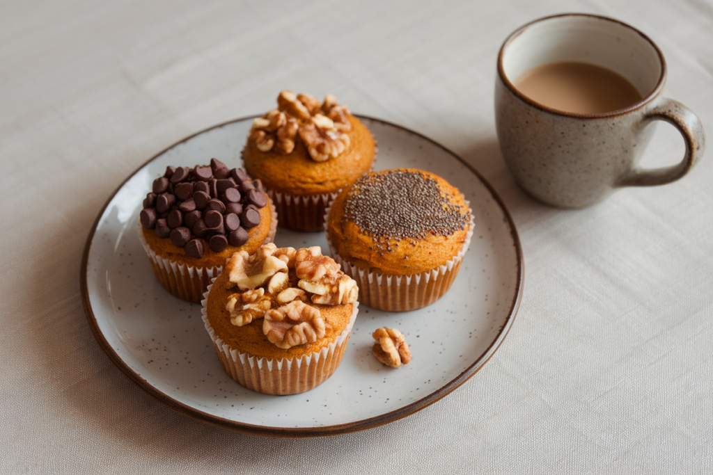 Three variations of Pumpkin Banana Muffins topped with chocolate chips, chia seeds, and walnuts on a decorative plate.