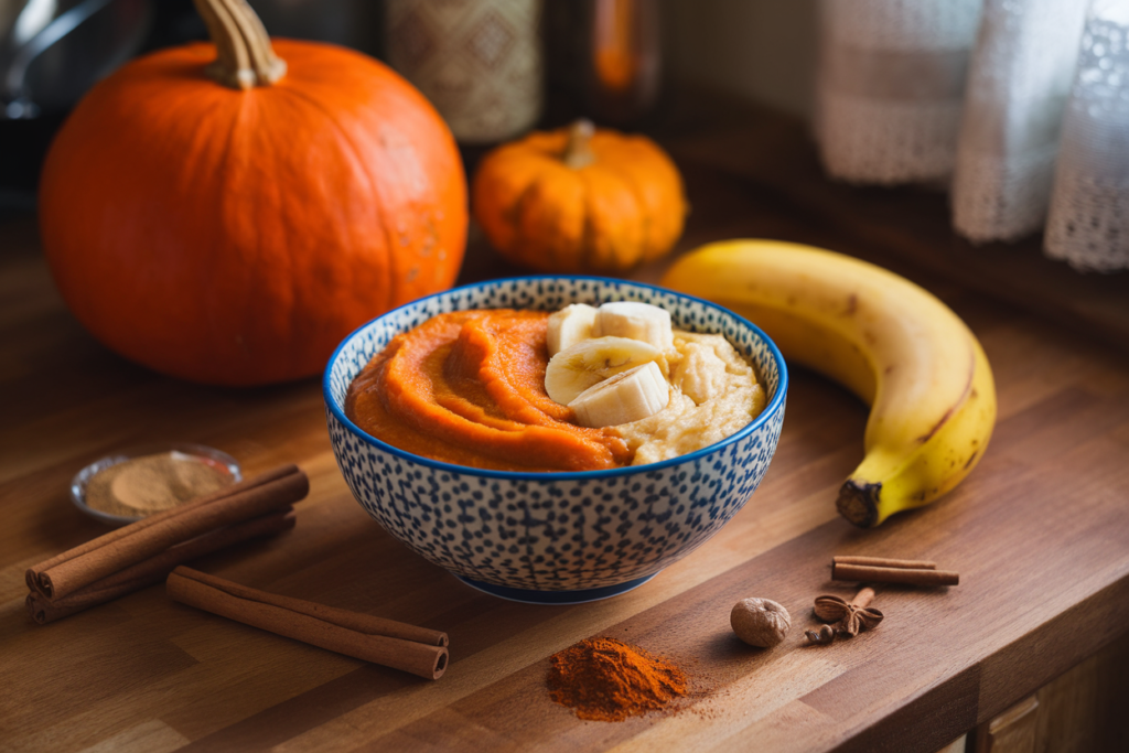 A bowl of pumpkin puree and mashed banana surrounded by cinnamon, nutmeg, and a small pumpkin.