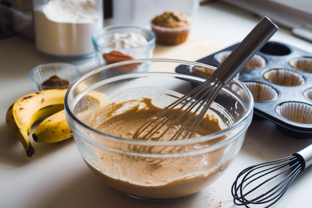 A mixing bowl with Pumpkin Banana Muffin batter surrounded by flour, bananas, and spices.