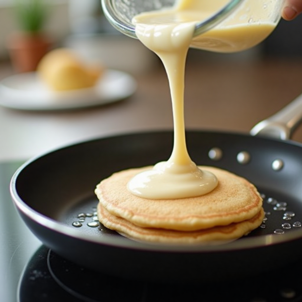 Batter being poured into a hot pan with bubbles forming on the surface.