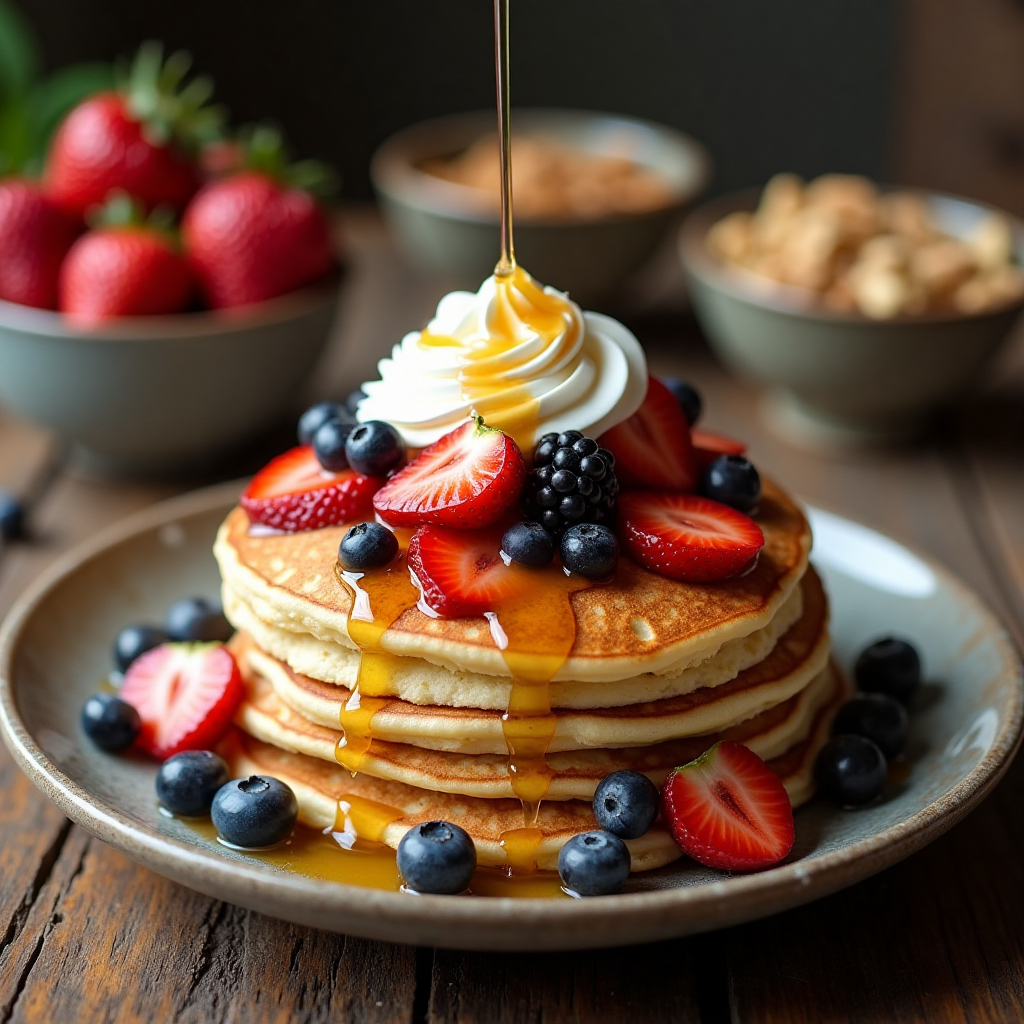 Pancakes topped with fresh berries, whipped cream, and a drizzle of honey.