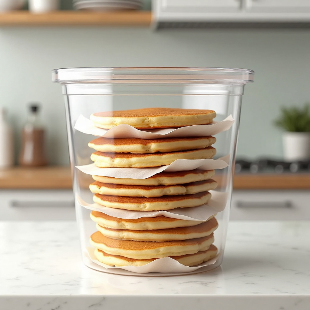 Pancakes stacked in a container with parchment paper between each one.