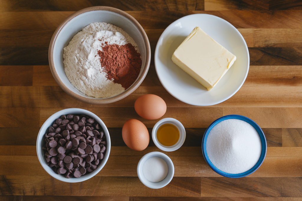 A flat lay of ingredients for gluten-free chocolate cookies, including gluten-free flour, cocoa powder, chocolate chips, butter, eggs, and vanilla extract.