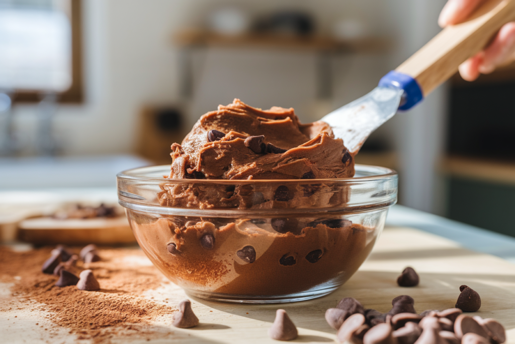 A mixing bowl with cookie dough being stirred with a spatula, surrounded by ingredients like cocoa powder and chocolate chips.