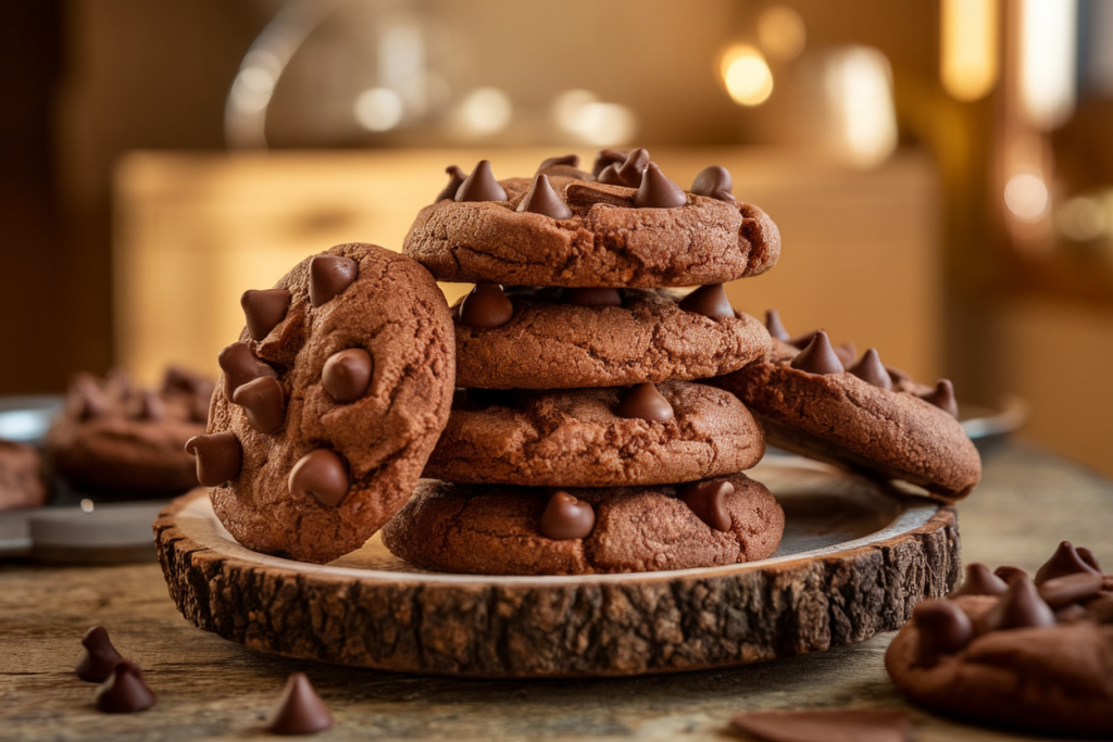 A stack of gluten-free chocolate cookies on a rustic plate with chocolate chips scattered around