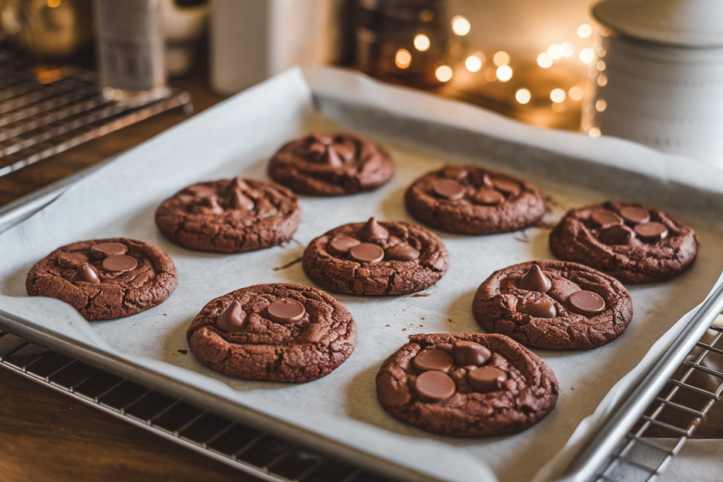 Gluten-free chocolate cookies on a parchment-lined baking sheet fresh out of the oven.