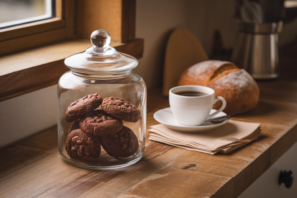 Gluten-free chocolate cookies stored in a glass jar with a slice of bread to keep them fresh