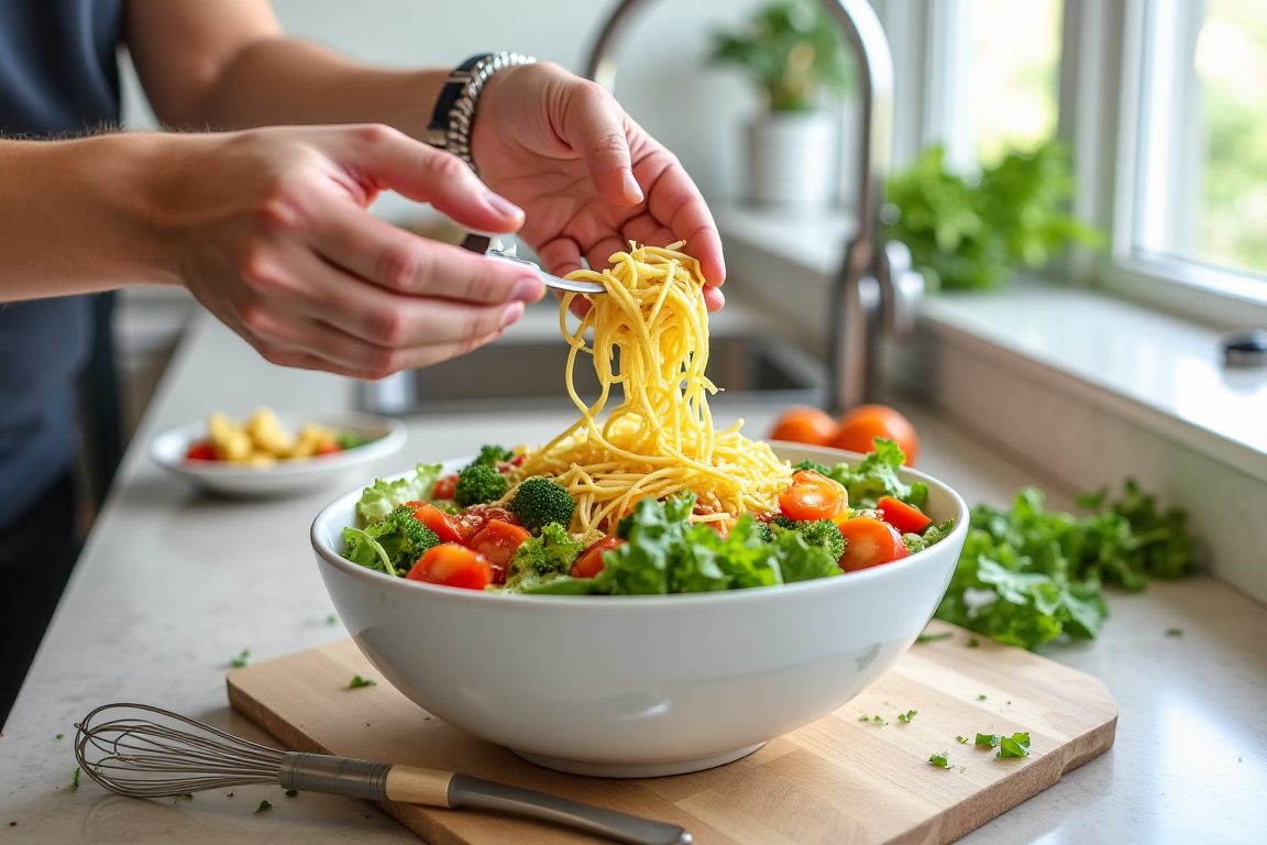 Preparing Italian pasta salad with chopped lettuce and vegetables.