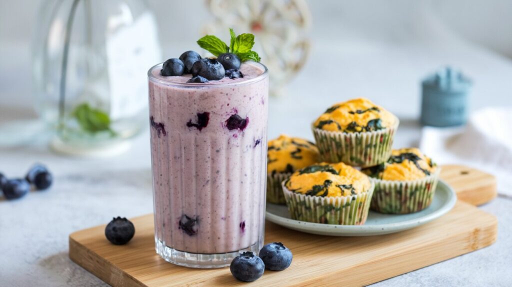 A banana blueberry smoothie with egg and spinach muffins, a perfect low-FODMAP breakfast option.