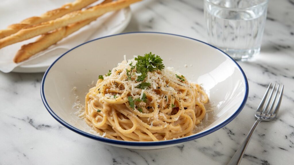 A bowl of Olive Garden-inspired creamy spaghetti carbonara garnished with Parmesan and parsley