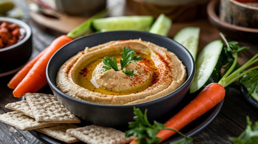 A bowl of creamy hummus garnished with olive oil, paprika, and parsley, surrounded by fresh vegetables and gluten-free crackers on a rustic table.