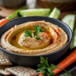 A bowl of creamy hummus garnished with olive oil, paprika, and parsley, surrounded by fresh vegetables and gluten-free crackers on a rustic table.