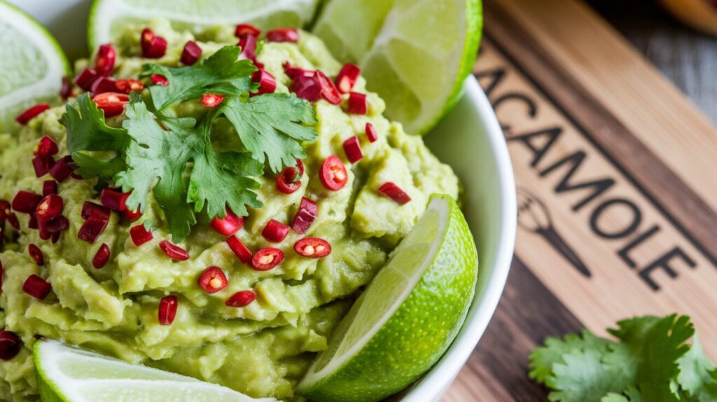 A-bowl-of-guacamole-topped-with-chili-flakes-lime-wedges-and-cilantro-for-extra-flavor