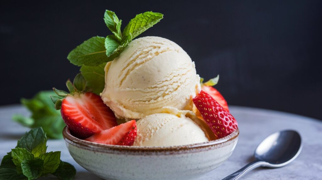 A bowl of low FODMAP homemade ice cream garnished with mint leaves and strawberries.