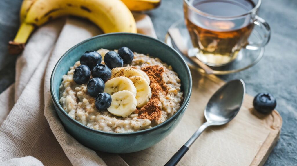 A bowl of low-FODMAP oatmeal topped with bananas and blueberries, perfect for an IBS-friendly breakfast.