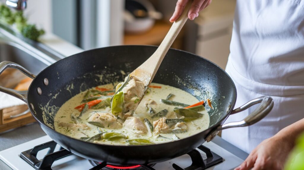 A chef cooking green curry in a wok with chicken, vegetables, and coconut milk, showcasing the vibrant and creamy dish during preparation.