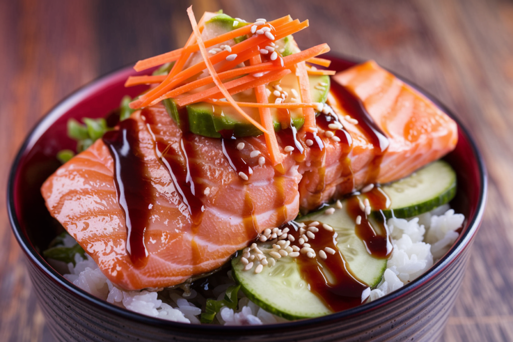 A close-up of an assembled Teriyaki Salmon Bowl featuring rice, salmon, and vibrant toppings.