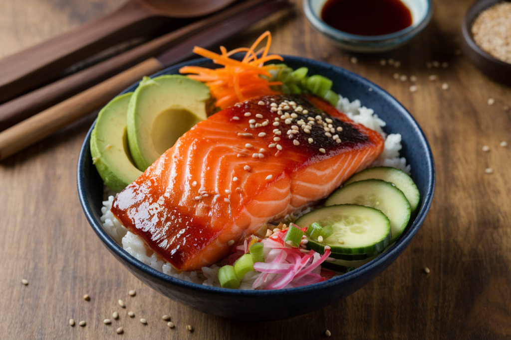 A colorful and inviting Teriyaki Salmon Bowl with salmon, rice, and fresh garnishes served on a wooden table.