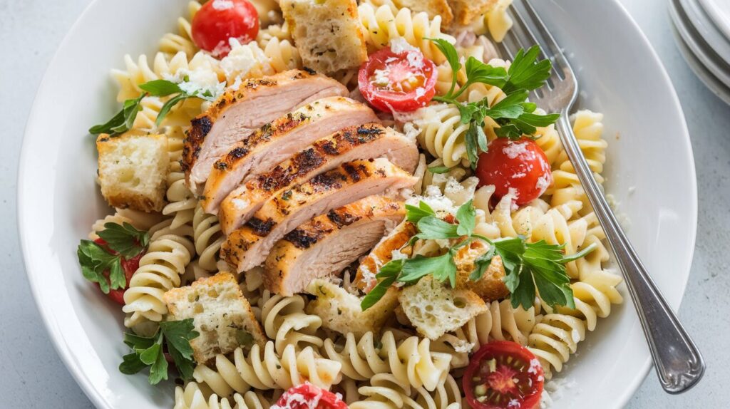 A customized Caesar Pasta Salad with grilled chicken and cherry tomatoes.