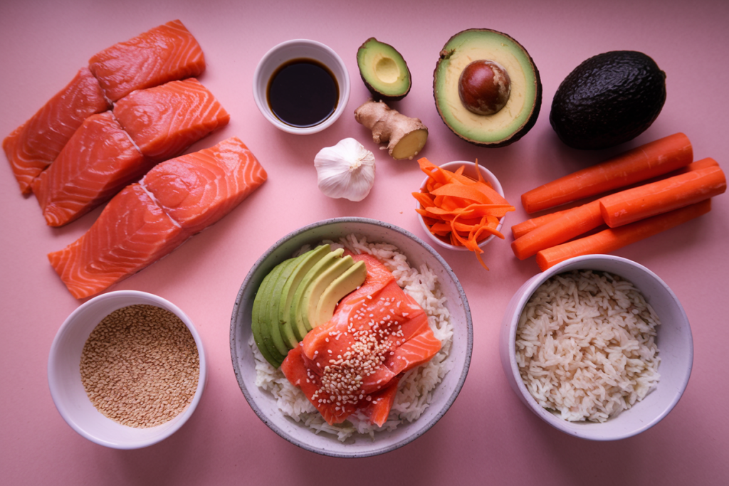 A flat-lay of Teriyaki Salmon Bowl ingredients, including fresh salmon, soy sauce, garlic, ginger, rice, and colorful garnishes.