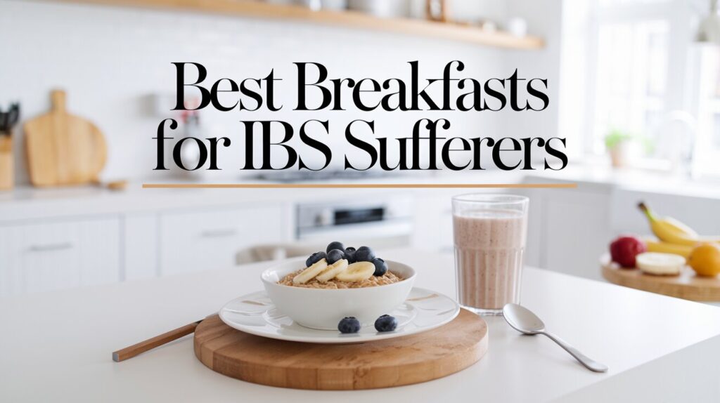 A modern, bright kitchen with a neatly plated IBS-friendly breakfast. The dish features a bowl of oatmeal topped with blueberries and banana slices, accompanied by a smoothie in a glass.