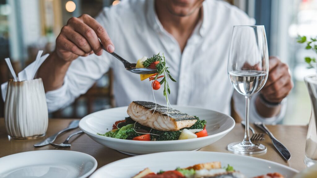 A person dining out with a FODMAP-friendly meal of grilled fish and steamed vegetables at a restaurant.