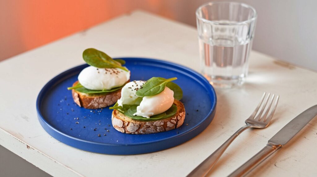 A plate of poached eggs on gluten-free toast with fresh spinach, ideal for IBS sufferers.