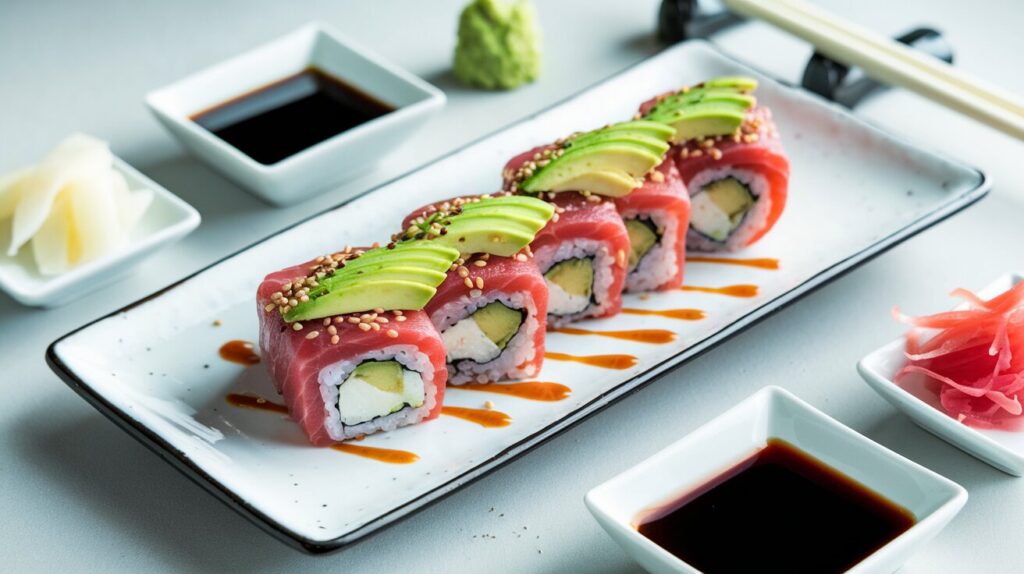 Close-up of a sliced spicy tuna roll, showing vibrant tuna filling and creamy spicy mayo on a bamboo mat.