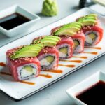 Close-up of a sliced spicy tuna roll, showing vibrant tuna filling and creamy spicy mayo on a bamboo mat.