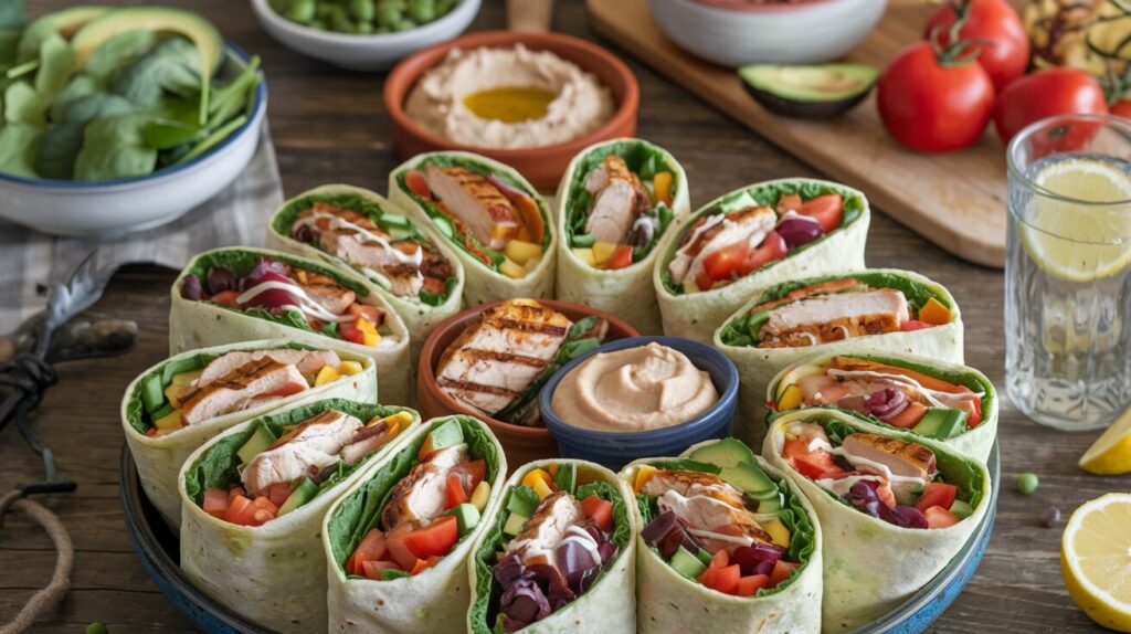 A platter of colorful healthy wraps with fresh ingredients.