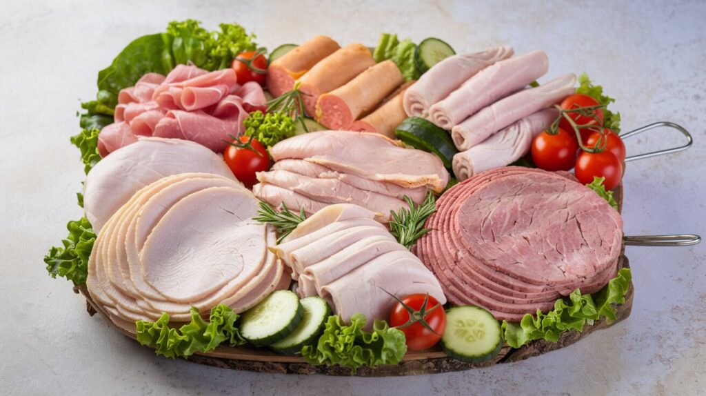 A variety of healthy deli meats with fresh vegetables.