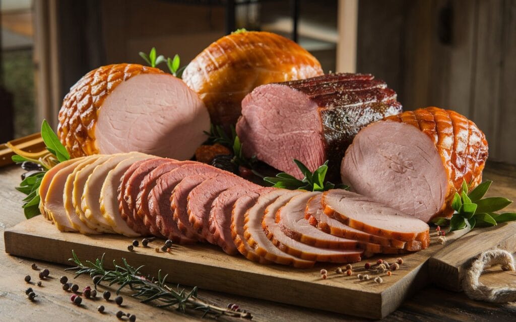 Assorted slices of homemade deli meat varieties on a wooden cutting board with herbs and spices in a rustic kitchen setting.