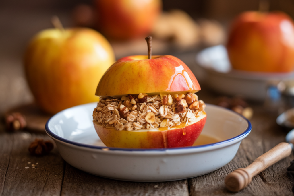 Warm baked apples stuffed with oats, nuts, and cinnamon, drizzled with honey