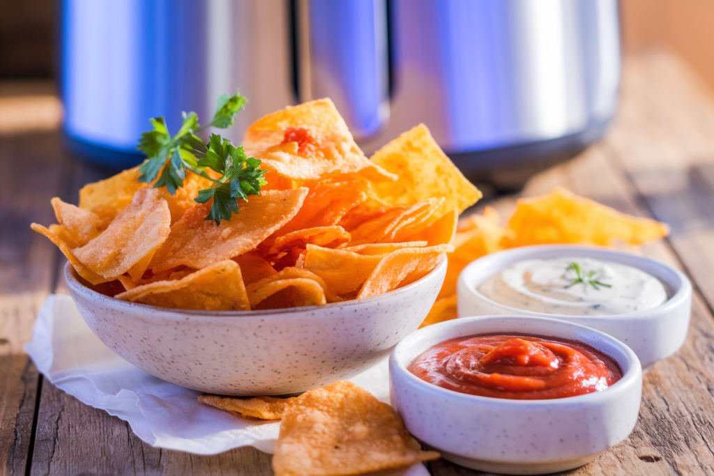 Bowl of crispy golden pasta chips with marinara and ranch dips on a wooden table.