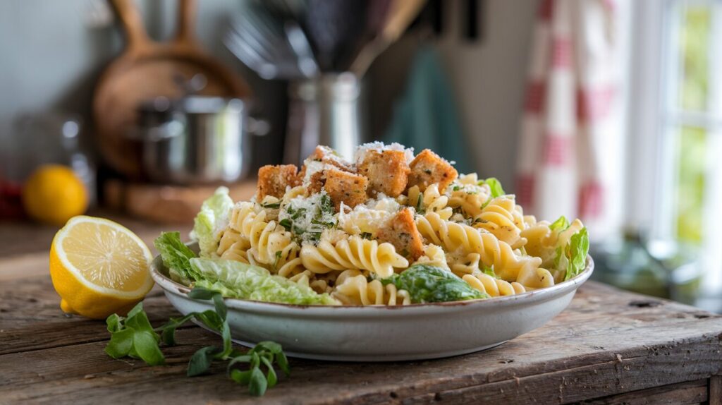 Caesar Pasta Salad served in a white bowl with a creamy dressing, lettuce, and pasta.