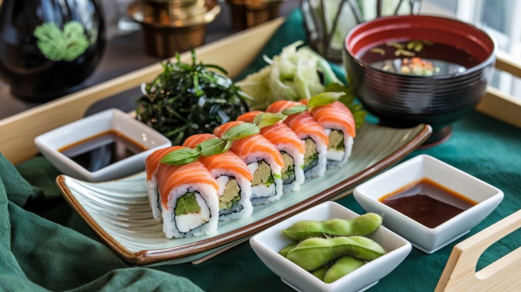 California rolls served with miso soup, edamame, seaweed salad, and dipping sauces on a ceramic plate in a professionally styled setting.