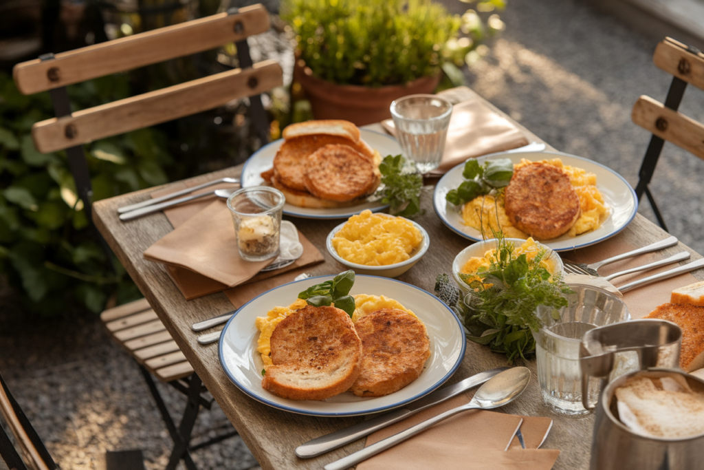 Chicken breakfast sausage patties served with scrambled eggs, toast, and fresh herbs on a rustic breakfast table.