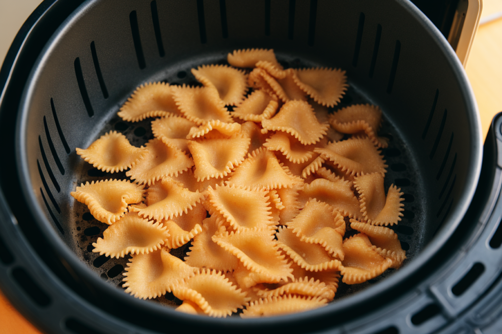 Close-up of pasta chips cooking in an air fryer basket