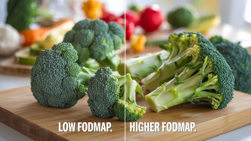 Comparison of broccoli florets and stems, showing FODMAP content differences