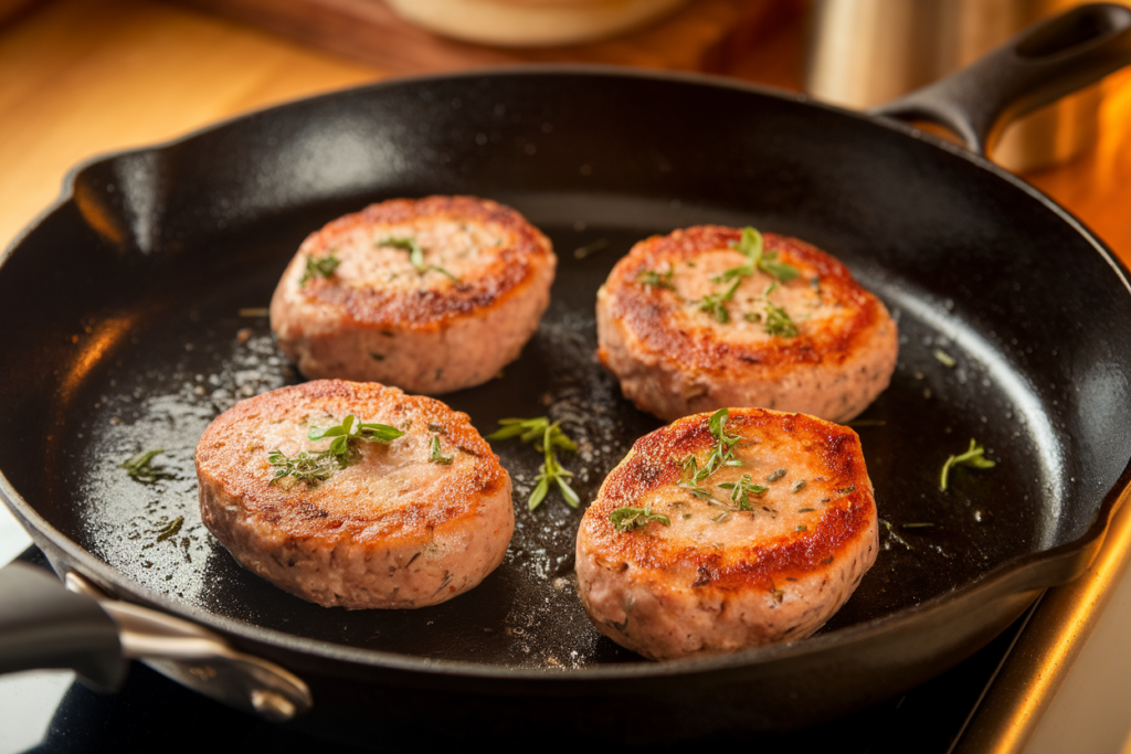 Chicken sausage patties being cooked in a skillet with fresh herbs