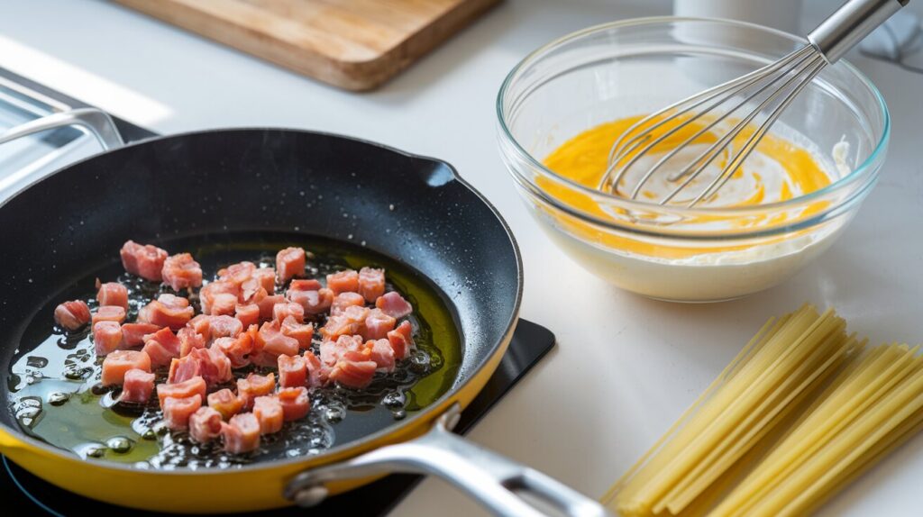 Cooking ingredients for spaghetti carbonara: pancetta in a skillet, egg mixture in a bowl, and uncooked spaghetti on the side.