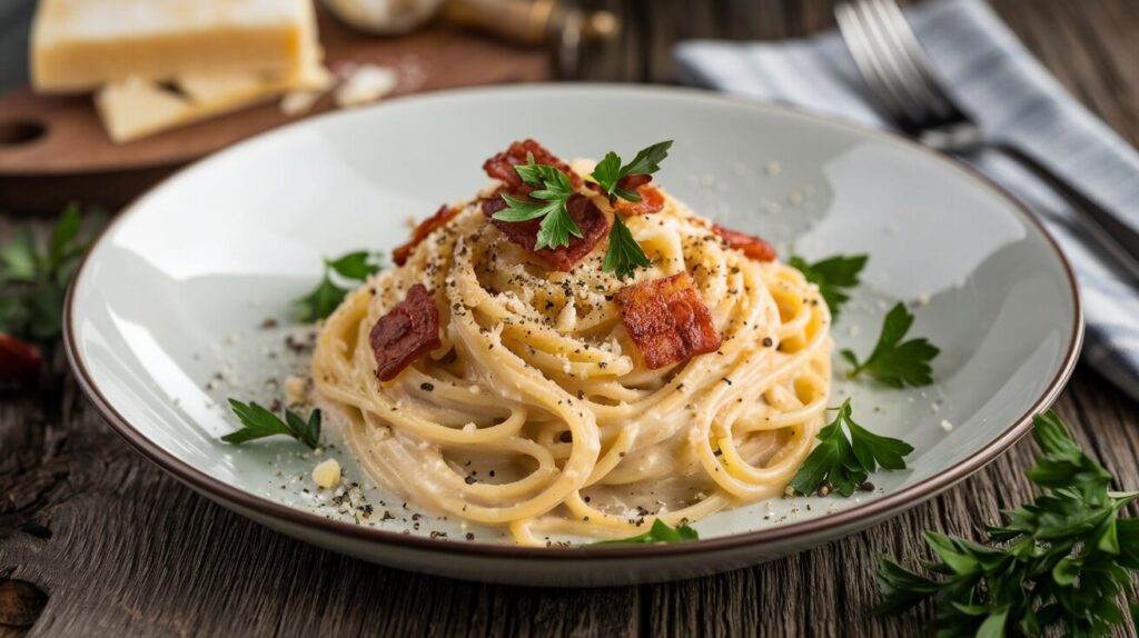 Creamy Olive Garden spaghetti carbonara served on a white plate with pancetta and parsley garnish.