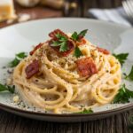 Creamy Olive Garden spaghetti carbonara served on a white plate with pancetta and parsley garnish.