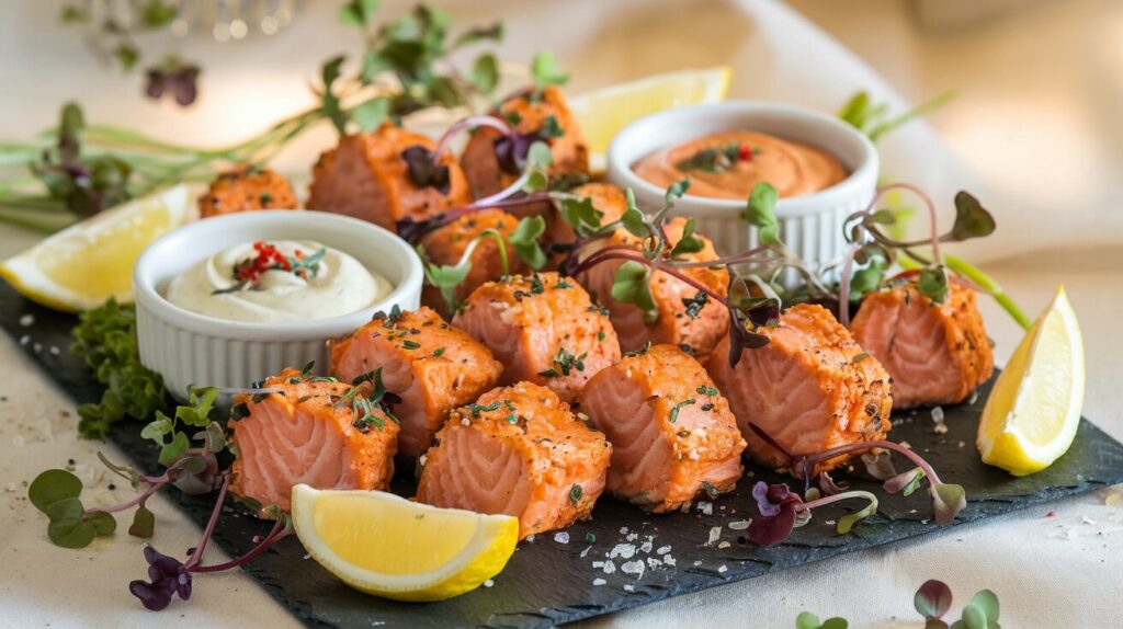 Crispy salmon bites served on a platter with dipping sauces and lemon slices.