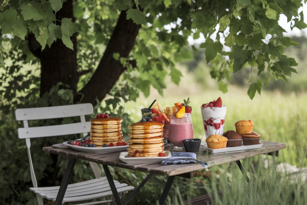 An inviting breakfast table with pancakes, a smoothie bowl, yogurt parfait, and muffins, showcasing dessert-inspired morning meals.