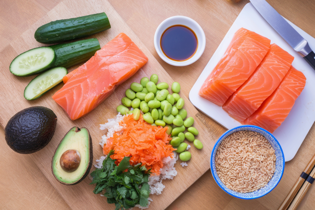 Ingredients for a homemade salmon poke bowl.