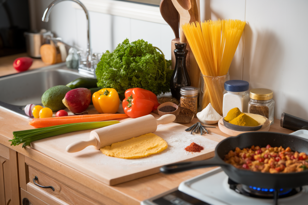 Fresh gluten-free ingredients, including vegetables, pasta, and a rolling pin with dough, arranged on a kitchen countertop.