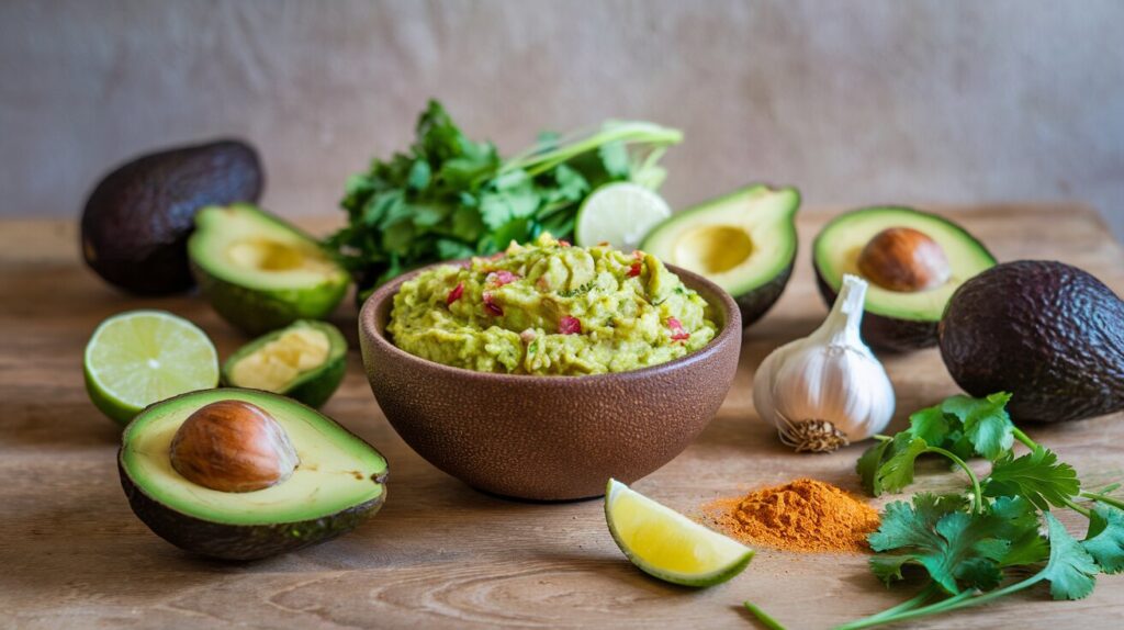 Fresh-guacamole-bowl-with-seasoning-ingredients-like-avocados-lime-garlic-chili-powder-and-cilantro-on-a-wooden-table