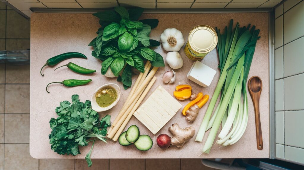 Fresh ingredients for green curry, including green chilies, lemongrass, garlic, coconut milk, tofu, and herbs, arranged on a kitchen counter.