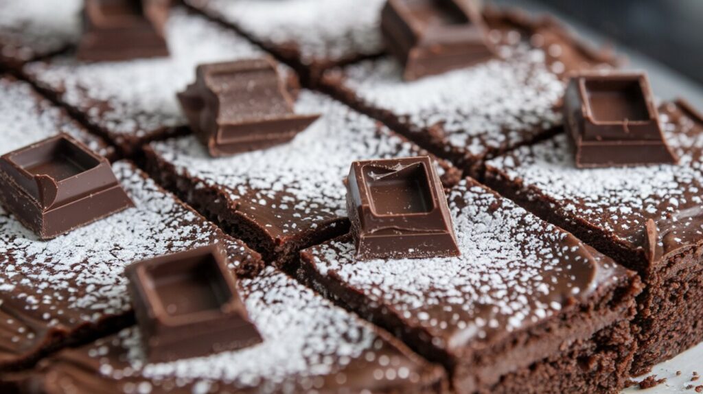 Freshly baked low FODMAP chocolate brownies topped with powdered sugar.